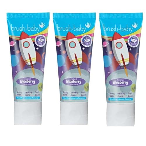 Image of Brush-Baby - Natural Blueberry Kids Toothpaste 150ml (3 x 50ml Tubes) - for Ages 3+ - with Xylitol & Fluoride - Strong Teeth, Healthy Gums & Fresh Breath - Gentle Vegan Formula, Safe if Swallowed