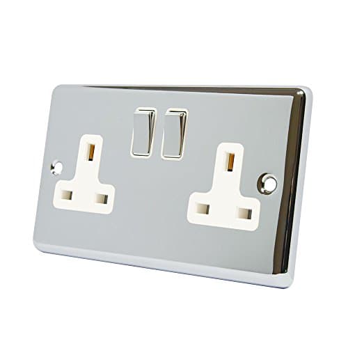 Image of AET CPC2GSOCWC Polished Chrome Classical 2 Gang White Insert Metal Rocker Switches-13 Amp Double Plug Socket