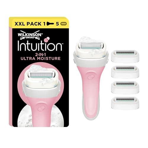 Image of Wilkinson Sword Intuition 2-in-1 Ultra Moisture Women’s Razor, Hair Removal, Touch of Shea Butter, Shavers for Routine Grooming, 1 Reusable Handle and 5 Refill Razor Blades , Packaging May Vary