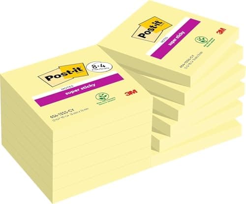 Image of Post-it Super Sticky Notes, 720 Sheets, Pack of 8 Pads, 76 mm x 76 mm - Holds Strong to Many Surfaces - Canary Yellow - for Walls, Monitors and Fridge, Recycable