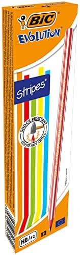 Image of BIC Evolution Graphite Pencils - Box of 12 - HB Lead with Colourful Striped Design - Wood-Free and Splinter-Proof, Yellow,Green,Pink,Red,Black