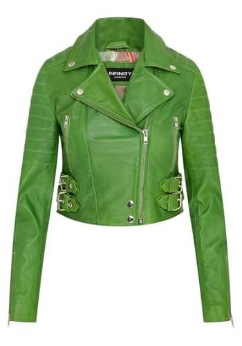 Image of Ladies Cropped Jacket Short Body Gothic Top Apple Green Chic Biker Real Leather Jacket