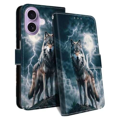 Image of HopMore for iPhone 17 Case, PU Leather Flip Wallet Case with Card Slot Kickstand Magnetic Closure Wrist Strap Shockproof Cover with Cute Pattern Animal Design for iPhone 17 Phone Case, Wolf A