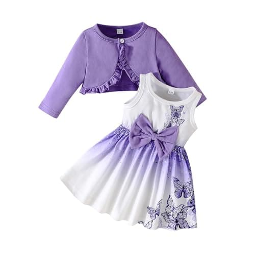 Image of XIXIMAON Kids Girls Dress and Cardigan Set Butterfly Heart Floral Sleeveless Tank Sundress Ruffle Coat Baby Girl Winter Outfit Toddler Autumn Clothes (Purple, 12-18 Months)