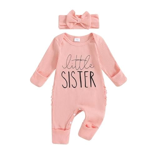 Image of Geagodelia Baby Girl Romper + Headband Baby Grows Newborn Clothes Outfit One Piece Autumn Spring Jumpsuit Overall (Little Sister - Pink, 0-3 Months)