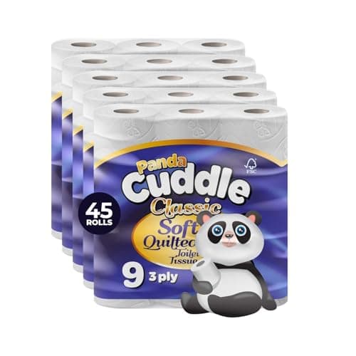 Image of Panda Cuddle 3‑Ply Quilted Toilet Paper – Luxuriously Soft, Gentle and Hypoallergenic Sustainable Toilet Rolls- Family Value Pack of 45 Rolls, Sustainable Gentle Bulk Bathroom Tissue, Unscented