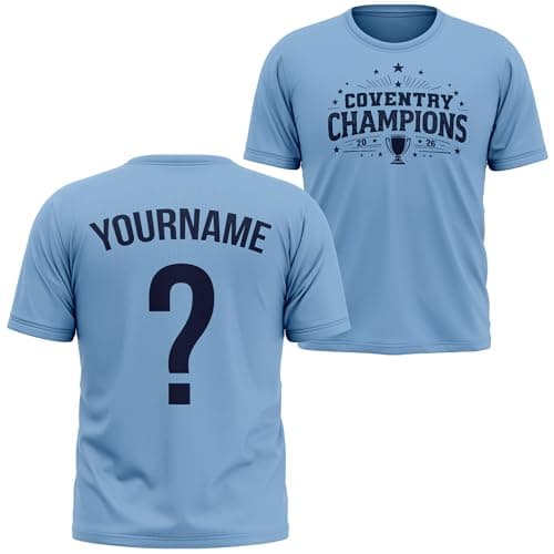 Image of Custom Coventry Kids Football T Shirt - Name and Number Cov Champions 2026 Cup Design - Football Supporter Boy Girl City Fan, 9-11 Years, Sky Blue