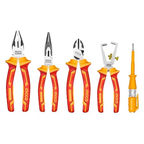 Image of INGCO 5Pcs VDE Insulated Pliers Set, 1000V, 180mm Combination Plier, 160mm Diagonal Cutting Plier, 160mm Long Nose, Wire Stripping with Test Pencil