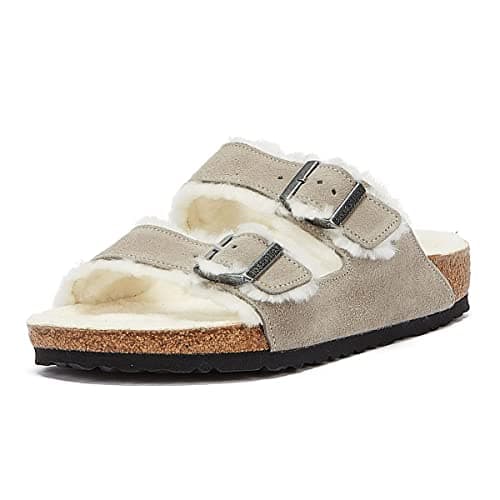 Image of Birkenstock Arizona Shearling Suede Leather Women | Stone Coin (1017402) (6, Stone Coin)
