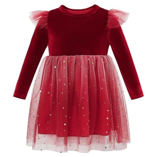 Image of MK MATT KEELY Girls Christmas Dress 2-7 Years Kids Sparkly Princess Dress Toddlers Warm Velvet Outfit,Red,6 Years