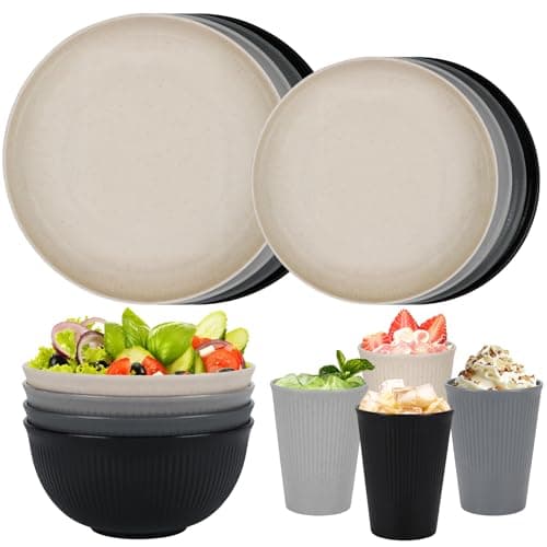 Image of Plastic Dinner Sets for 4 People,16pcs Camping Plates and Bowls Set, Reusable Picnic Set Unbreakable Plates, Cups, Bowls for Children, Adult, Party, Home