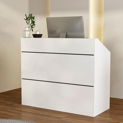 Image of DEZAGCE Reception Desk with Raised Countertop, Reception Counter, Shop Counter Desk with Storage Shelf, Retail Checkout Table for Office Shop Beauty Salon, 50D x 120W x 100H cm, White