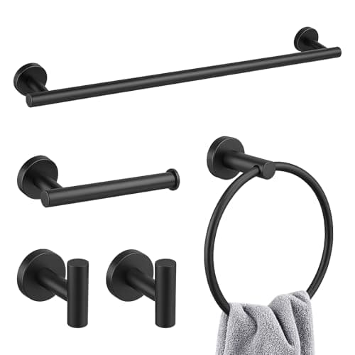 Image of Lightista Toilet Roll Holder and Towel Rail Set, Set of 5 Black Bathroom Accessories Set, Wall Mounted Bathroom Hardware Set Includes Toilet Paper Holder, Towel Ring, Towel Bar and Wall Hook