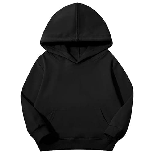 Image of Yufennie Kids Cotton Hoodie - Plain Coloured Hooded Sweatshirt with pockets for Boys & Girls 9-10 Years Black