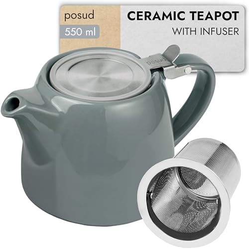 Image of posud Teapot with Infuser – Ceramic Teapot with Strainer for 2 Cups – 550ml Small Tea Pot Infuser for Loose Tea – Stump Tea Pot with Filter for Two (Grey)