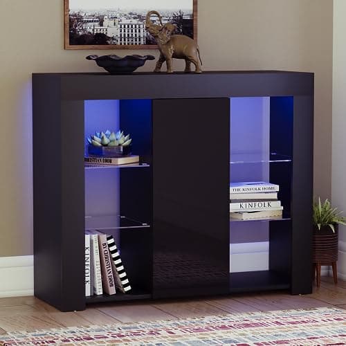 Image of Vida Designs Large Azura 1 Door Modern LED Sideboard in Black, RGB Lights (Fade/Strobe Options Included), High Gloss