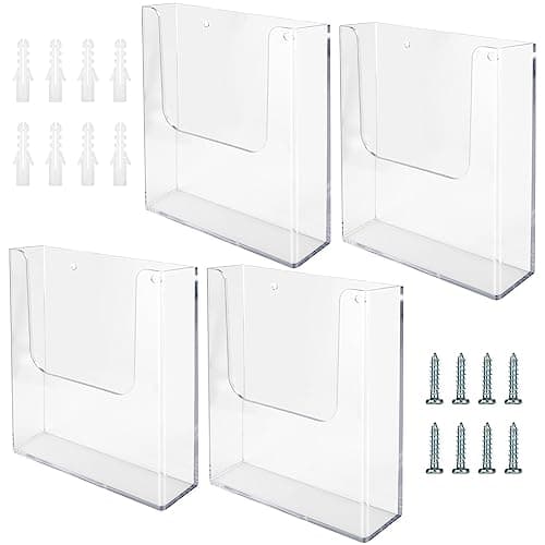 Image of ZOFORTY 4 Pcs A4 Wall Mounted Leaflet Holders, Clear Wall Mounted Document Holder with Screws and Expansion Tubes, Acrylic Wall Mount Magazine Racks for Restaurant Menu Office Files Magazine