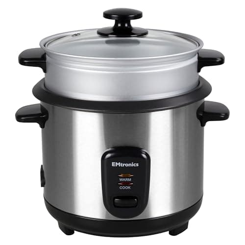 Image of EMtronics EMRCCSTSS1 Rice Cooker 1 Litre with Automatic Cooking, Steamer Tray and Warmer Function with Removable Non-Stick Bowl, Measuring Cup and Spatula 400W - Stainless Steel