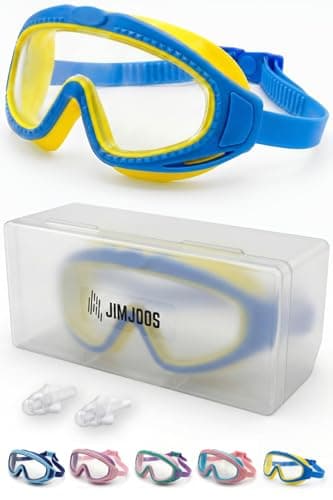 Image of JIMJOOS Kids Swimming Goggles 6-14 - Wide View, Anti Fog, UV Protection, Leak Proof Swim Goggles for Boys Girls - Adjustable Back Strap - Hard Case & Silicone Ear Plugs Included (BLUE-YELLOW)