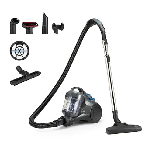 Image of Amazon Basics Cylinder Vacuum Cleaner Bagless 1.3L Compact Lightweight with Triple-Action Nozzle, HEPA Filter, 850W, for Carpet and Hard Floor, Grey