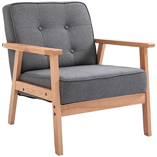 Image of HOMCOM Accent Chair, Linen Fabric Armchair, Occasional Chair with Rubber Wood Frame for Living Room Reception Bedroom Balcony, Grey and Natural