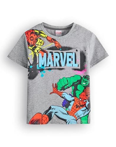 Image of Marvel Avengers Boys T-Shirt | Kids Superhero Short Sleeve Graphic Tee in Grey | Spiderman The Incredible Hulk Iron Man Graffiti Style Comic Book Apparel Top | Film Movie Art Merchandise Gift