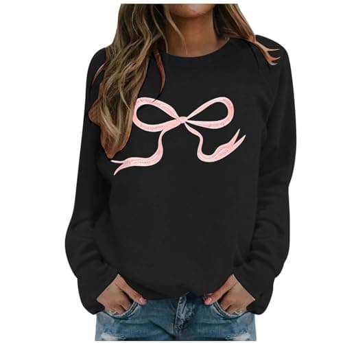 Image of Generisch Women Round Neck Sweatshirt Cute Bowknot Sweatshirt Long Sleeve Pullover Bowknot Sweater Top, black, 3XL