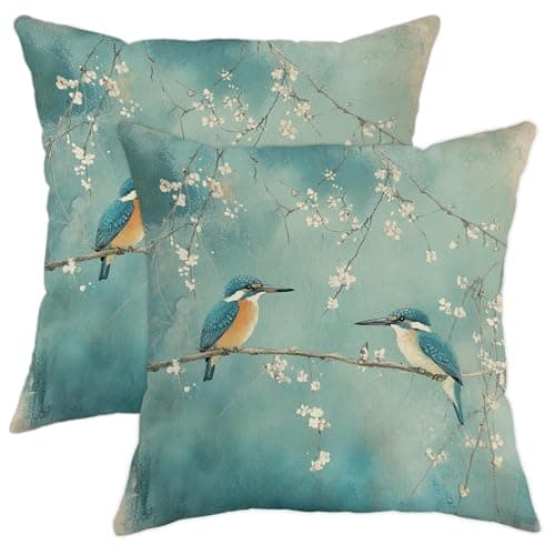 Image of Kingfisher Bird Pillow Covers Set of 2, Blue and Orange Decorative Cushion Cases, Spring Floral Nature Throw Pillow Covers for Home Couch Sofa Bed, Vintage Chic Decor 16x16 Inch