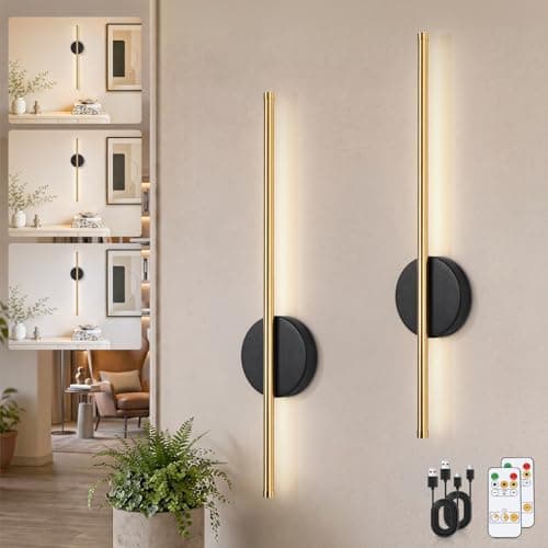 Image of Kimjo 60cm Battery Operated Wall Lights, Rechargeable Wall Lamps with Timer Function, Wireless Wall Sconce with Dimming Function, Black and Gold Wall Mounted Lights with Remote Control, 2 Packs