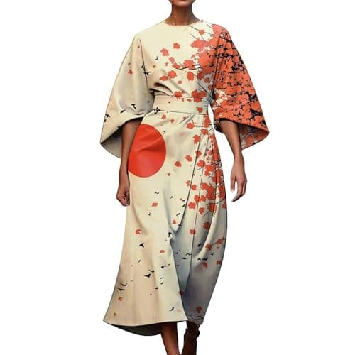 Image of Midi Dresses With Sleeves For Women Uk, A-Line Dress Abstract Print Abstract Art Dresses 3/4 Sleeve Sundress With Irregular Hem Dress Vintage Sundress Colorful Sundresses For Formal Informal Occasions