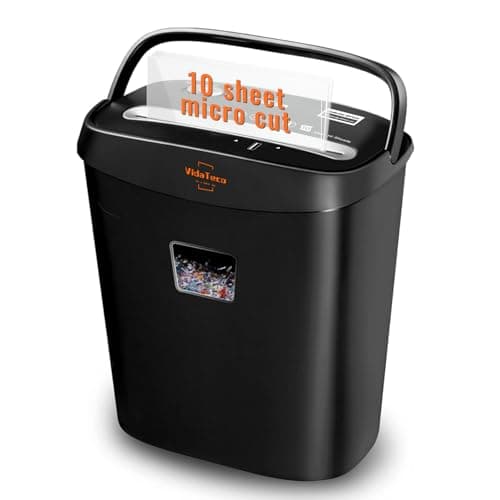 Image of VidaTeco Micro-Cut Paper Shredder, 10-Sheet Shreds Paper/Card/Staple/Clip Paper Shredder for Home Office Use, Security Level P-4 Jam Proof System 15L Liftout Basket