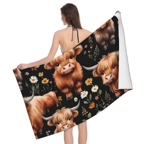 Image of SKKNT Highland Cow Print Sand Free Towel Large Microfiber Bath Towel 52 x 32 in Soft Highly Absorbent