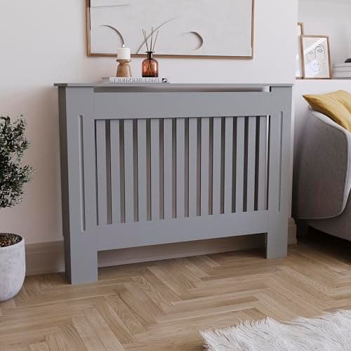 Image of Vida Designs Chelsea Radiator Cover Olive Grey - Medium - Modern Vertical Slat Design For Optimal Heat Circulation - H82xW111xD19cm - Painted MDF Cabinet Ideal For Living Room & Hallway
