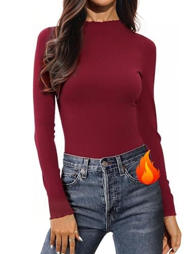 Image of Aottori Thermal Long Sleeve Top Women Ladies Thermals T Shirt Base Layer Thermal Underwear Warm Winter Thermal Wear Wine Red M
