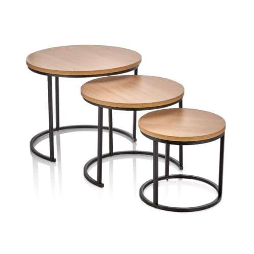 Image of DIVCHI Round Nesting Set of 3, Modern Wooden Look with Metal Base Coffee Side Tables for Small Spaces, Nightstand Bedside Table for Living Room, Bedroom, Balcony (Brown)