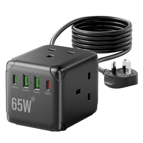 Image of Cube Extension Lead with USB C Slots(PD65W), 3 Way USB Extension Lead with Switch, UK Plug Extension Cord with 2 USB A & 2 USB C Ports, 13A Overload Protected Extension Lead 3m for Home, Black