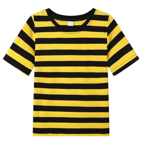 Image of WinZero Kids Striped T-Shirt Soft Cotton Short Sleeve Round Neck Tshirt Boys Girls Stripe Tee Top for Children 8-9 Years Black-Yellow