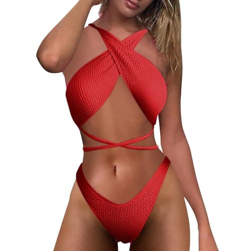 Image of Swimwear Women Bikini Set Tummy Control Swimsuit Women Color 2pack Rib Bikini Swimsuit Split Up Two Bikinis Beachwear Swimwear Beach Wear Ladies Tummy Control (Red,XL)
