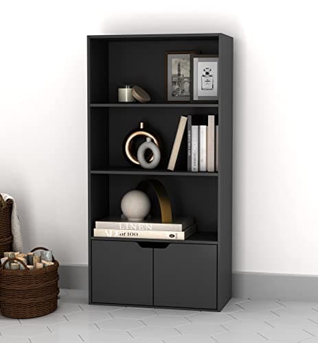 Image of URBNLIVING 4 Tier Wide Wooden Bookcase Cupboard with 2 Doors Storage Shelving Display Shelf Cabinet Unit (Black with Black Doors)
