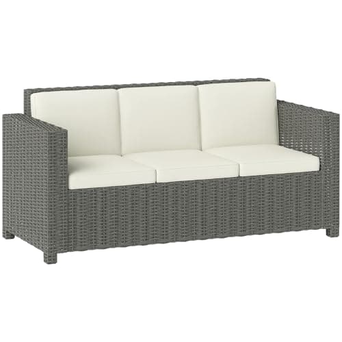 Image of Outsunny 3 Seater Rattan Sofa with 10 cm Thick Padded Cushion, All-Weather PE Wicker Weave Garden Three-seater Bench with Armrests, Cream White