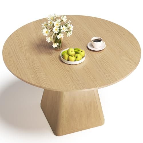 Image of TOTEBOX 120cm Round Dining Table for 4 People, Wooden Kitchen Table for Living room, Dining Room, Pedestal Base (Oak Wood)