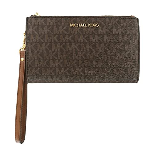 Image of Michael Kors Jet Set Travel Double Zip Wristlet - Signature PVC (Brown PVC/Dark Acorn)
