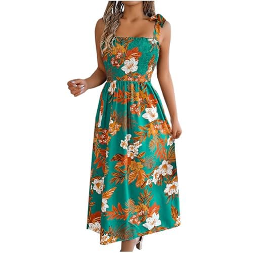 Image of Zeiayuas Summer Dresses for Women UK Floral Boho Midi Dress Casual Tunic Cami Dress Bandeau Milkmaid Dress A-line Dress Baggy Beach Long Dress Hawaiian Sundress Green