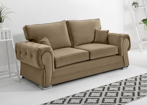 Image of Sofahub Verona Collection - Mink Plush Velvet 3 Seater Sofa | Fullback Upholstered Living Room Couch with Foam Cushions, Button Tufted Detailing & Chrome Feet