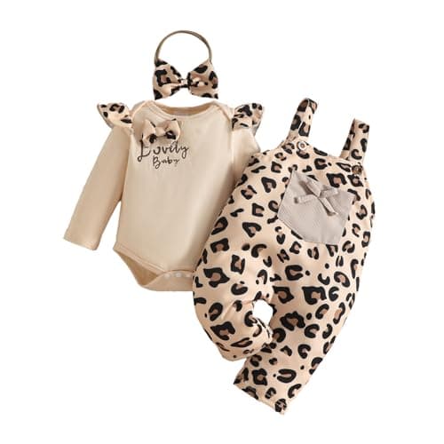 Image of QUNERY Baby Girls Clothes Floral Tops Bodysuit Bear Dungarees Adjustable Overalls Outfits Set Off-white leopard print 6-12 months