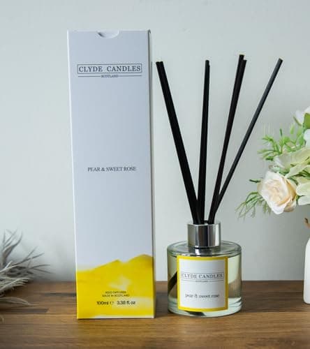 Image of Pear & Sweet Rose Reed Diffuser - Clyde Candles, Luxury Diffuser Oil with a Set of 7 Fibre Sticks, 100ml, Best Aroma Scent for Home, Kitchen, Living Room, Bathroom. Fragrance Diffusers set with sticks