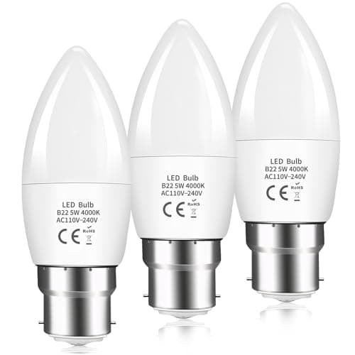 Image of Caldarax B22 LED Bayonet Cap Candle Bulbs 5W, C37 B22 LED Candle Light Bulb 40W Equivalent, 470LM Daylight Natural White 4000K, BC Energy Saving Candle Bulbs, Non-Dimmable, Pack of 3