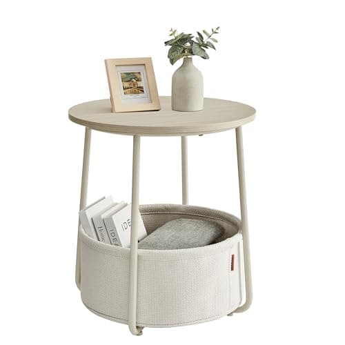 Image of VASAGLE Side Table, Round End Table with Fabric Basket, Spacious, for Living Room Bedroom, Bedside Table, Modern Style, Cream White LET223K67