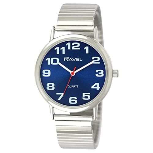 Image of Ravel Unisex Easy Read Watch with Big Numbers on Stainless Steel Expander Bracelet - Silver Tone/Blue Dial