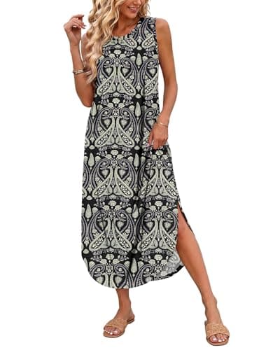 Image of AUSELILY Maxi Dress for Women UK Casual Summer Long Dress Beach Cover-Ups Sun Dresses Women Sleeveless T Shirt Tank Dresses with Pockets Black